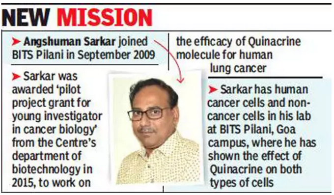 BITS Goa professor’s work shows anti-malarial drug’s potential in treating lung cancer
